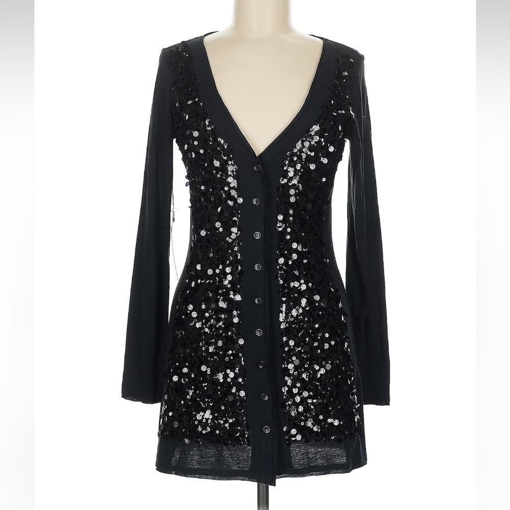 NWT SUSANA MONACO BLACK SEQUIN BUTTON DOWN CARDIGAN MEDIUM sparkly